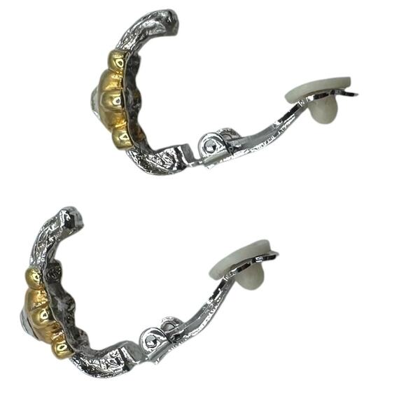 Vintage Rhinestone Gold and Silver Tone Clip-On Earrings with Clear Stones - Picture 6 of 6